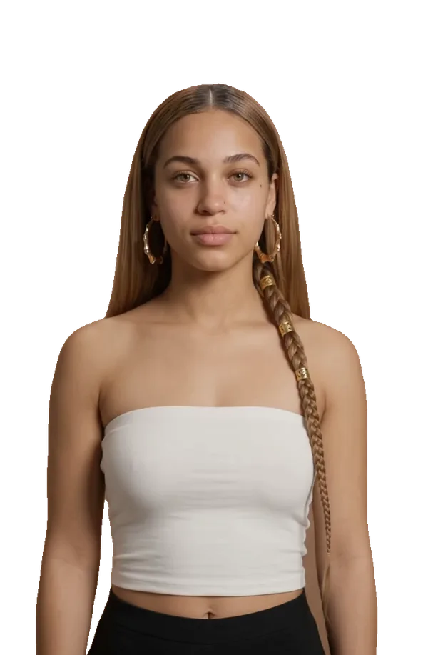 AI-generated model, front view: sleek middle part, long honey blonde hair and a side braid with gold cuffs