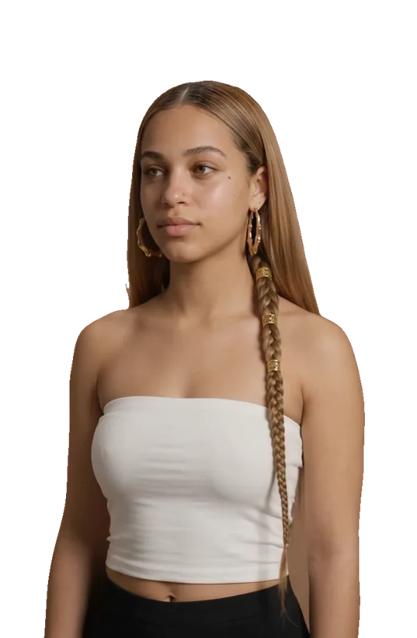 AI-generated model turned three-quarters to the left, showing honey blonde hair from root to tip