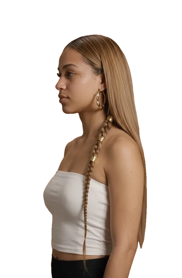 AI-generated model in side profile, with smooth straight hair from the crown to the ends