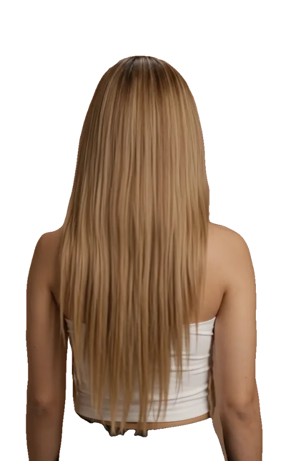AI-generated model seen from the back, showing long, straight, glossy honey blonde hair