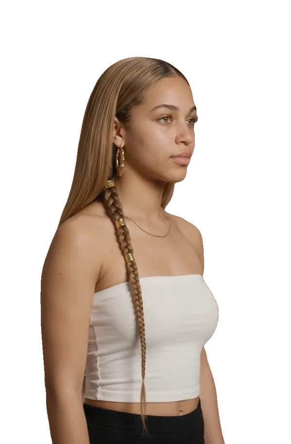 AI-generated model turned three-quarters to the right, showing a glossy finish and the side braid